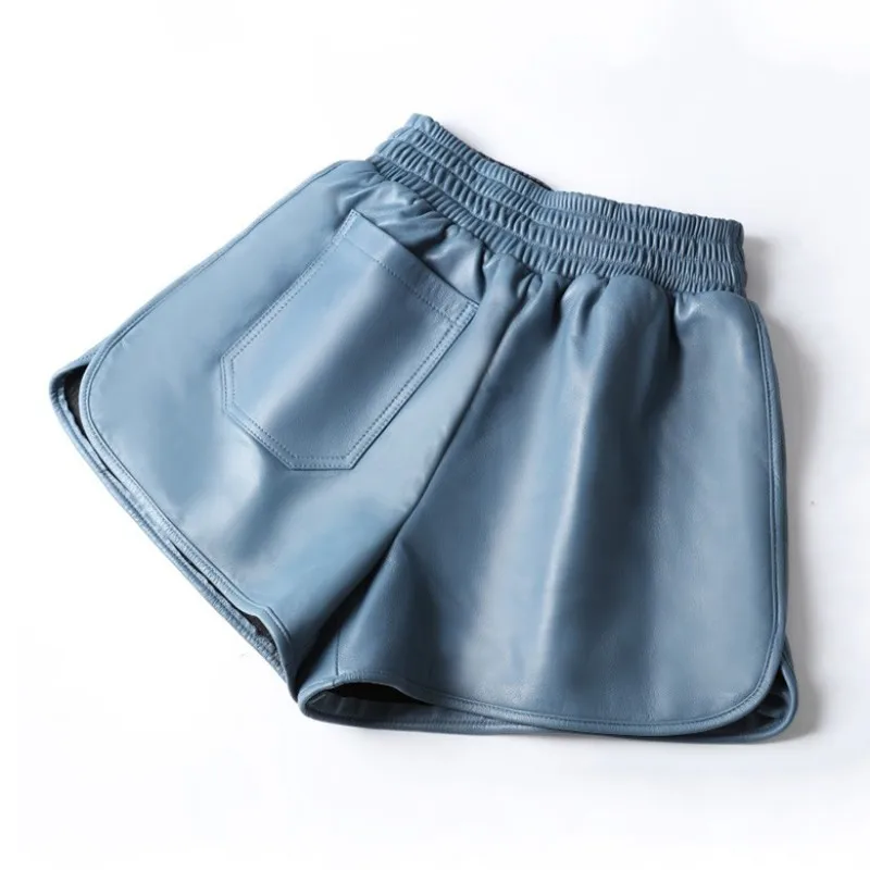 Sheepskin Shorts Women Loose Large Leather Woman Short Pants High Waist Wide Leg Elastic Waist Wear Black Leather Lady Shorts
