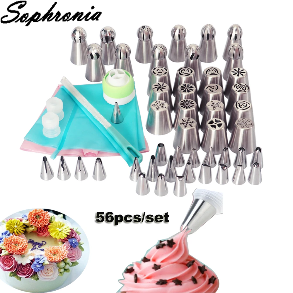 

Насадки для кондитерских изделий Sophronia 56 шт./компл., Набор кондитерских насадок для украшения глазировки, инструмент для украшения тортов из нержавеющей стали, набор для глазировки CS112