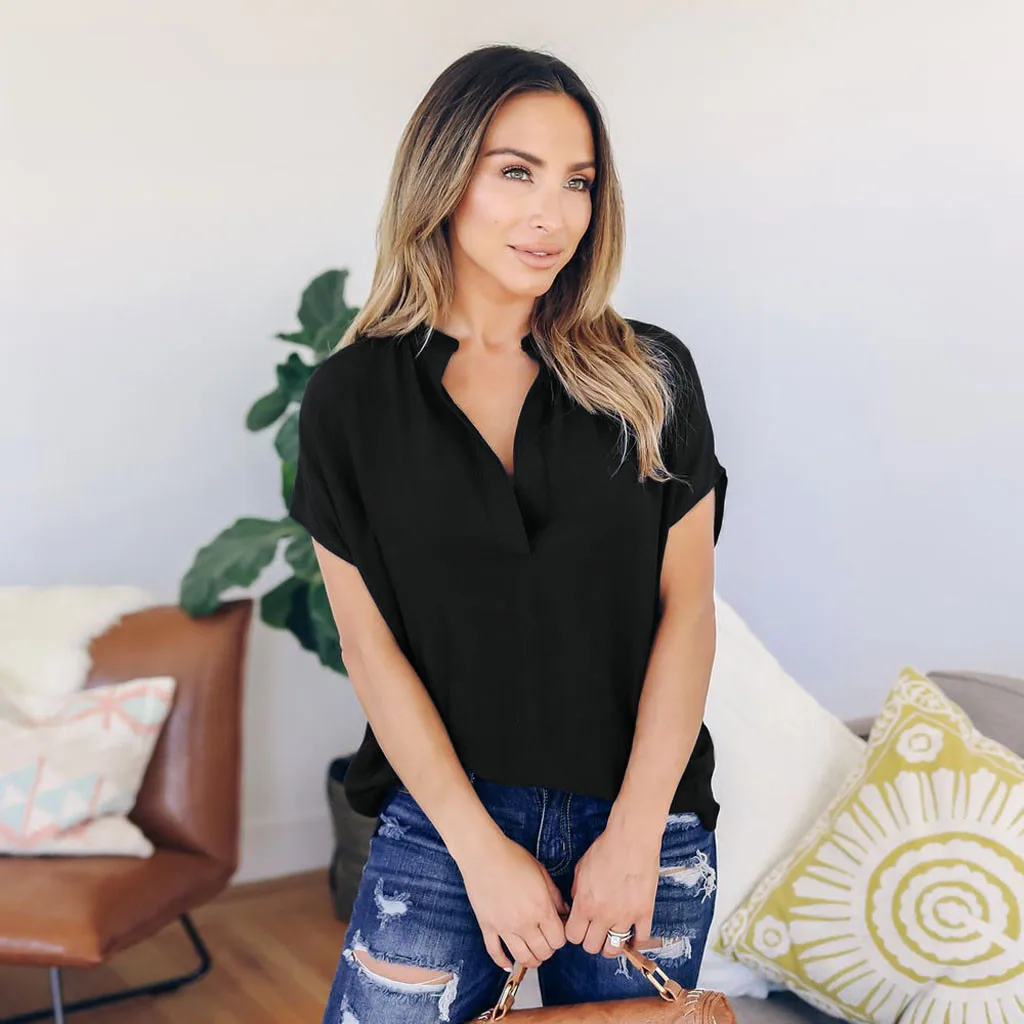 tshirt woman Ladies Summer womens shirts Chiffon Solid Short Sleeve Casual Shirt Tops T-Shirt camisetas verano mujer 2019#BY35 | Женская