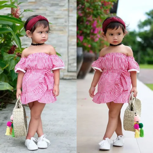 2018 Новое Детское красное клетчатое платье с открытыми плечами для девочек летнее