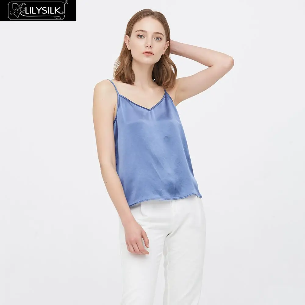 French Blue LilySilk/Классический шелковый топ с v-образным вырезом спереди и сзади; Новинка; - Цвет: French Blue