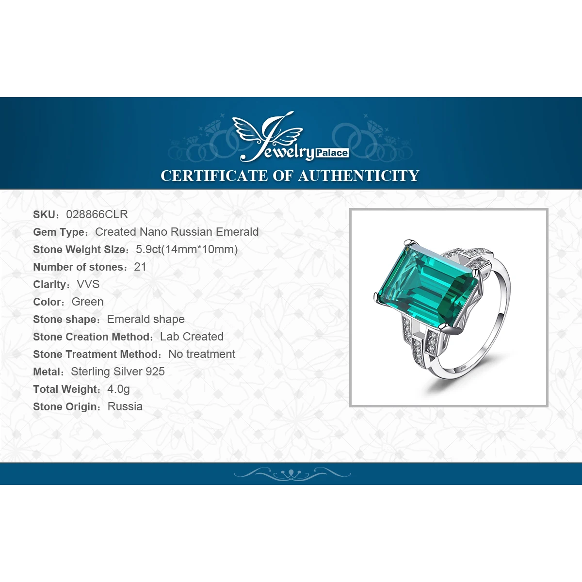 JewelryPalace 5.9ct создан Nano Изумрудное кольцо 925 пробы Серебряные кольца для Для женщин