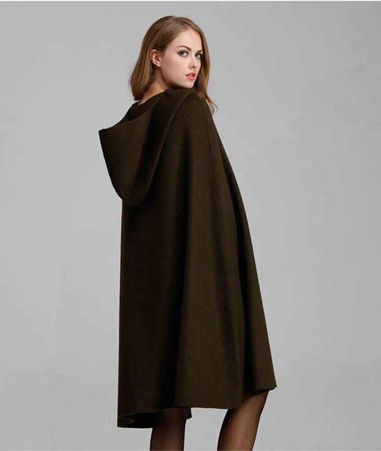 

double sided woolen fabrics women's fashion hooded overcoat cloak style wide-waisted S/M/L