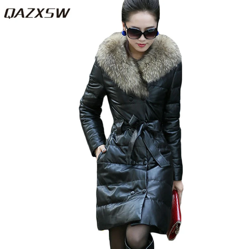 

QAZXSW Women Winter PU Jacket Thicken Leather Jackets Slim Warm PU Coats Fur Collar Double Breasted Women Suede Jackets HB119