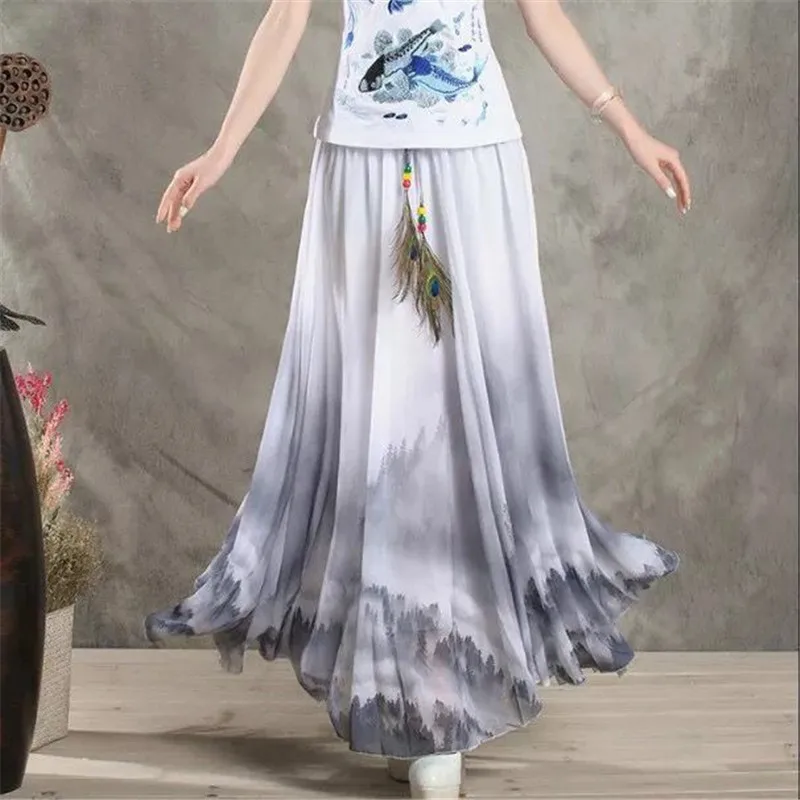 Харадзюку Винтаж Макси Юбки Женские однотонные Boho шифон Saia Longa Лето Тюль повседневные богемные длинные юбки женская одежда