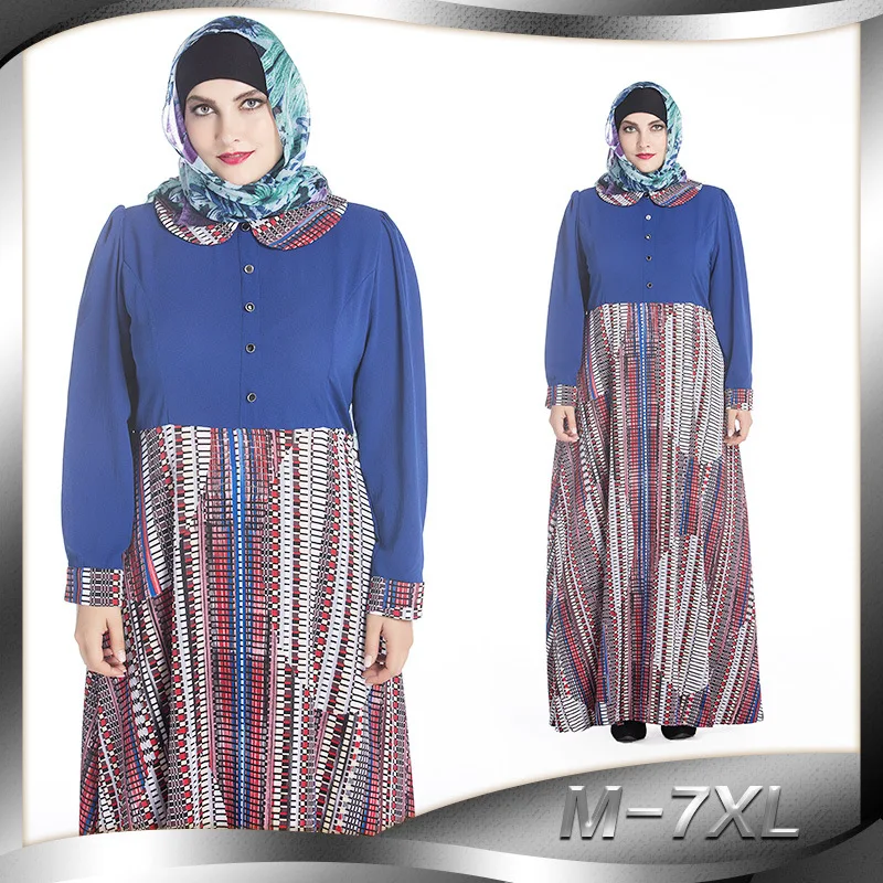 2019 женское мусульманское платье abaya большие размеры 7XL голубое воротник Питер Пэн