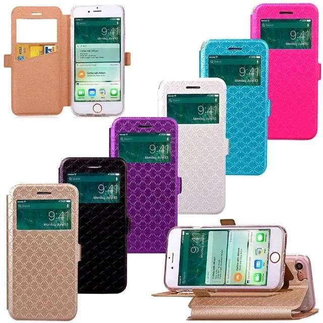 C-ku Open Window View Flip Leather Wallet Pouch Case For iphone8 iphone 8 7 Plus Huawei P9 Lite Cover TPU ID Card Stand 120pcs | Мобильные