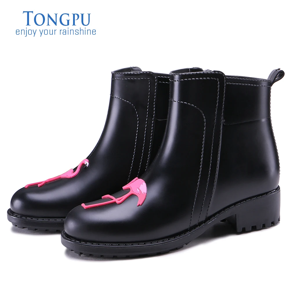 

TONGPU x Dropdrip Women's Ankle High Waterproof Footwear Rain Boots with Cute Flamingo Patch 388-948
