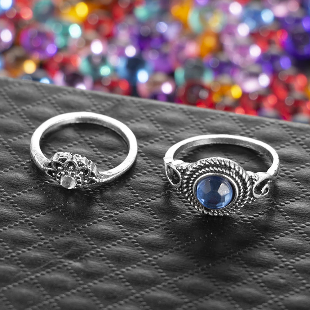 Free Fan 6Pcs/Set Bohemian Lotus Flower Women Ring Set Cheap Rhinestone Gem Joint Antique For Bague Femme | Украшения и