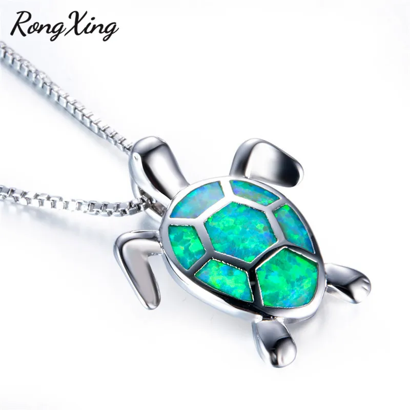 RongXing Lucky Turtle Зеленый Огненный Опал Подвески Ожерелья для женщин Серебряный цвет