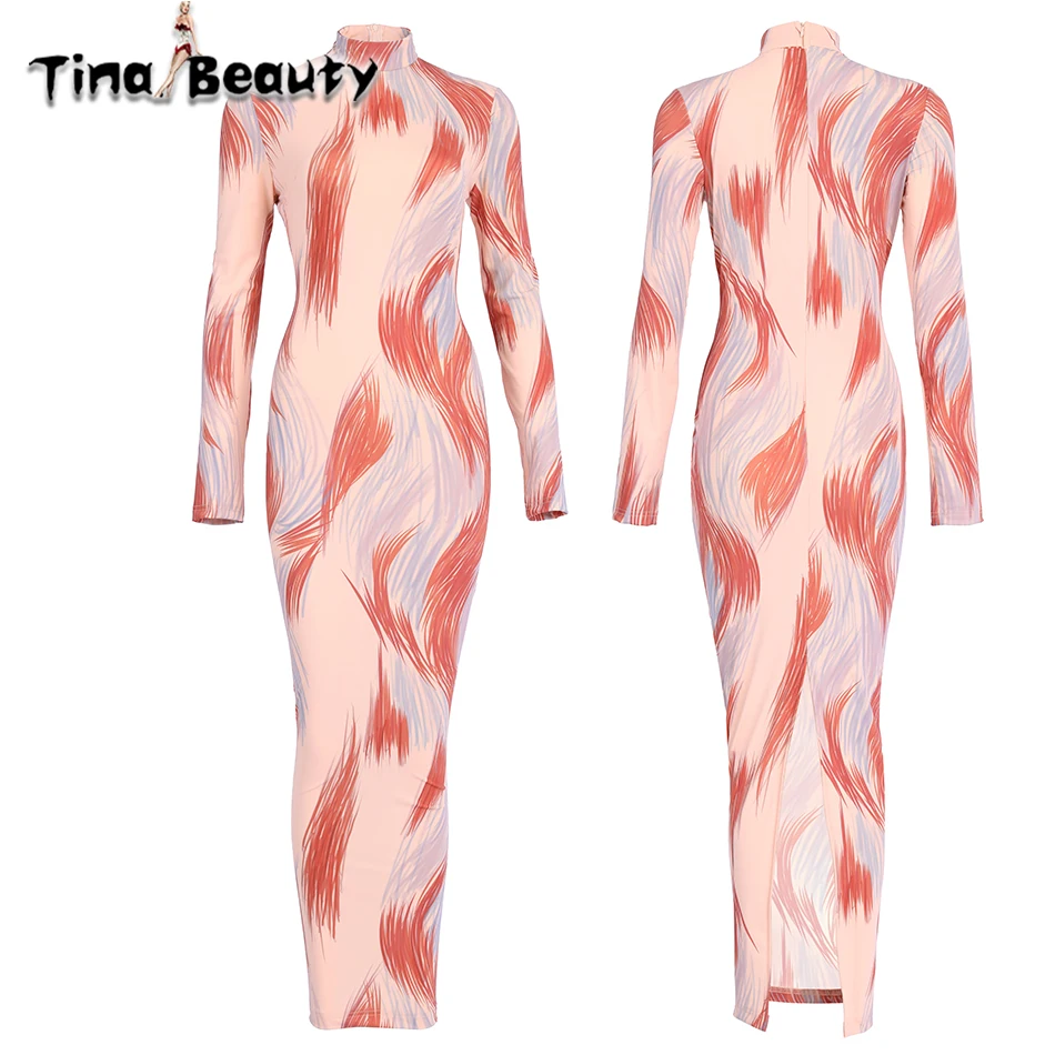 Женское Макси-платье Tina Beauty облегающее платье с длинным рукавом и высоким