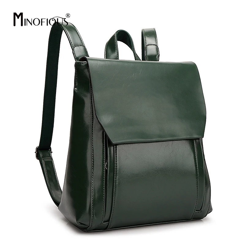 Dark green MINOFIOUS женский рюкзак из натуральной кожи масло Воск Корова школьная сумка винтажные Водонепроницаемые кожаные рюкзаки Новые модные Универсальные Сумки - Цвет: Dark green