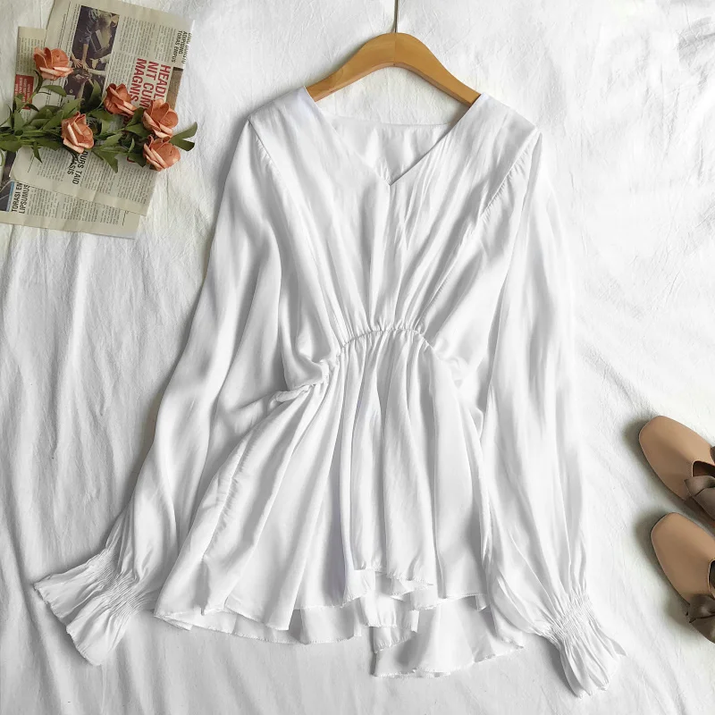 Женская шифоновая блузка с рукавами фонариками и V образным вырезом|Блузки| |