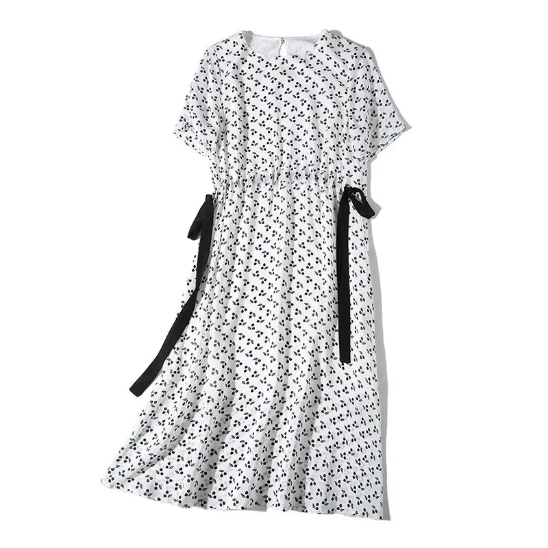 Cherry Print Silk Dress White Summer Elegant Chinese Style Midi Dresses Casual sukienka Short Sleeve Big Size vestidos mori girl | Женская