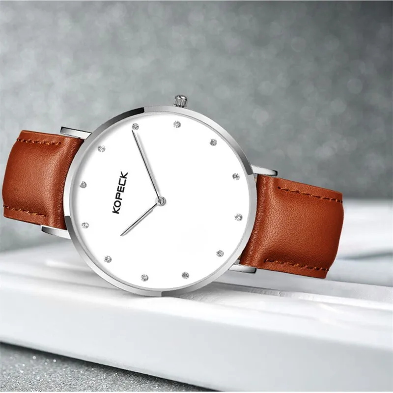 Женские кварцевые часы с кожаным ремешком супертонкие белым циферблатом 6 мм|watch