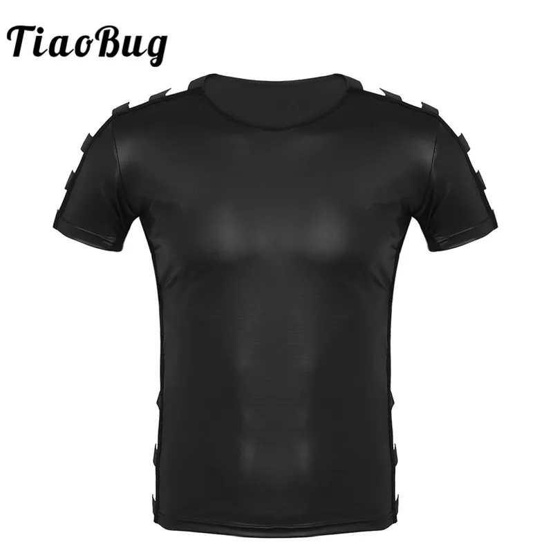 Модная мужская черная футболка TiaoBug из искусственной кожи с вырезами и