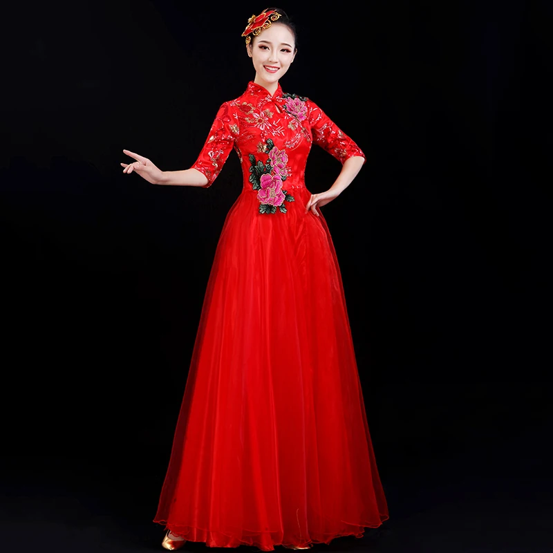 2019 Big swing skirt costumes new modern opening stage chorus costume guzheng dance long female adult S-XXXL | Тематическая одежда