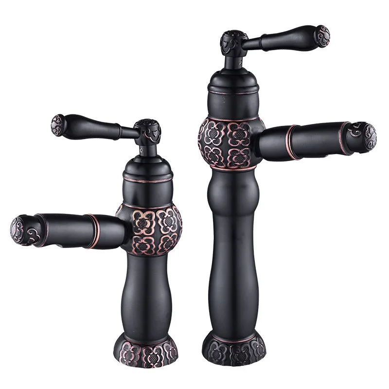 Bathroom Basin Faucet Brass Sink Mixer Tap Pull Out Spray Nozzle Hot & Cold Black Oil Brushed/Gold Carved Lavatory Crane Faucet images - 6