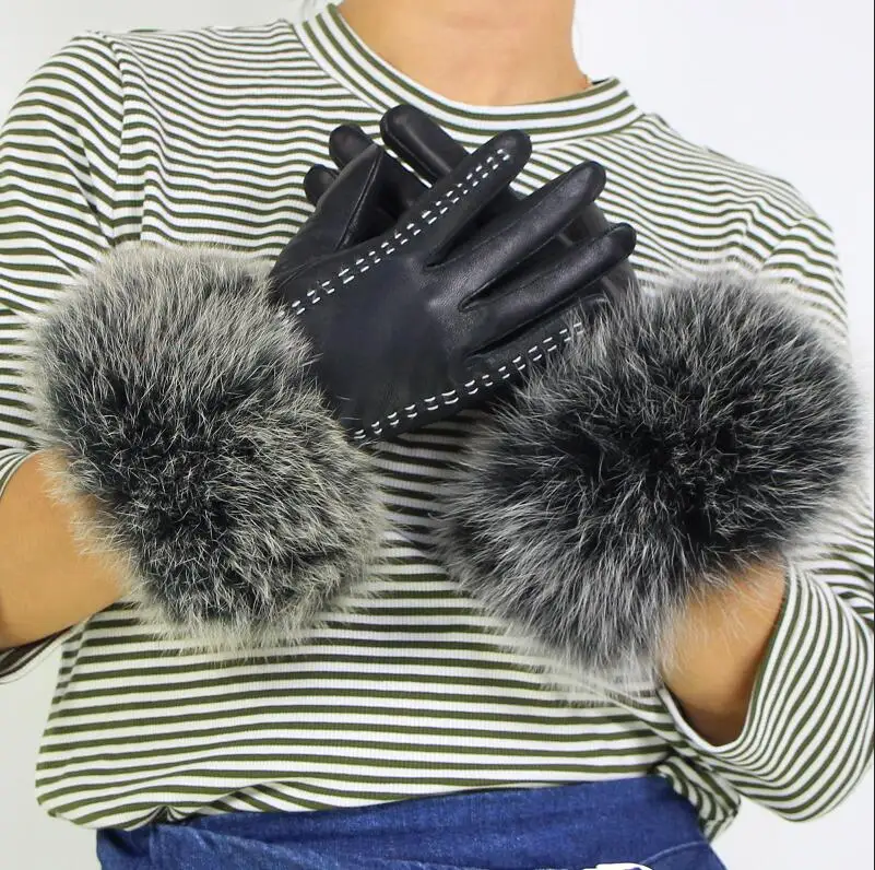 black with line Женские перчатки из натуральной кожи, зимние теплые перчатки из натуральной овчины и лисьего меха, модный стиль, натуральный Пушистый Лисий Мех* harppihop - Цвет: black with line