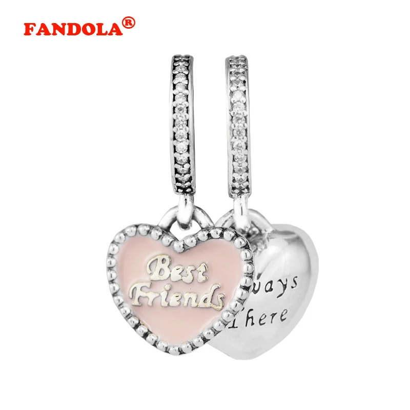 Fits Pandora Charms Bracelet Best Friends Pendant with Clear CZ &amp Pink Enamel 100% 925 Sterling-Silver-Jewelry DIY Beads CK409 |