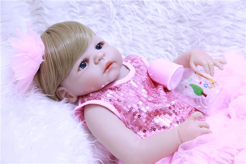 55 см реалистичные Bebe кукла полный силиконовые Reborn ручной работы розовое платье