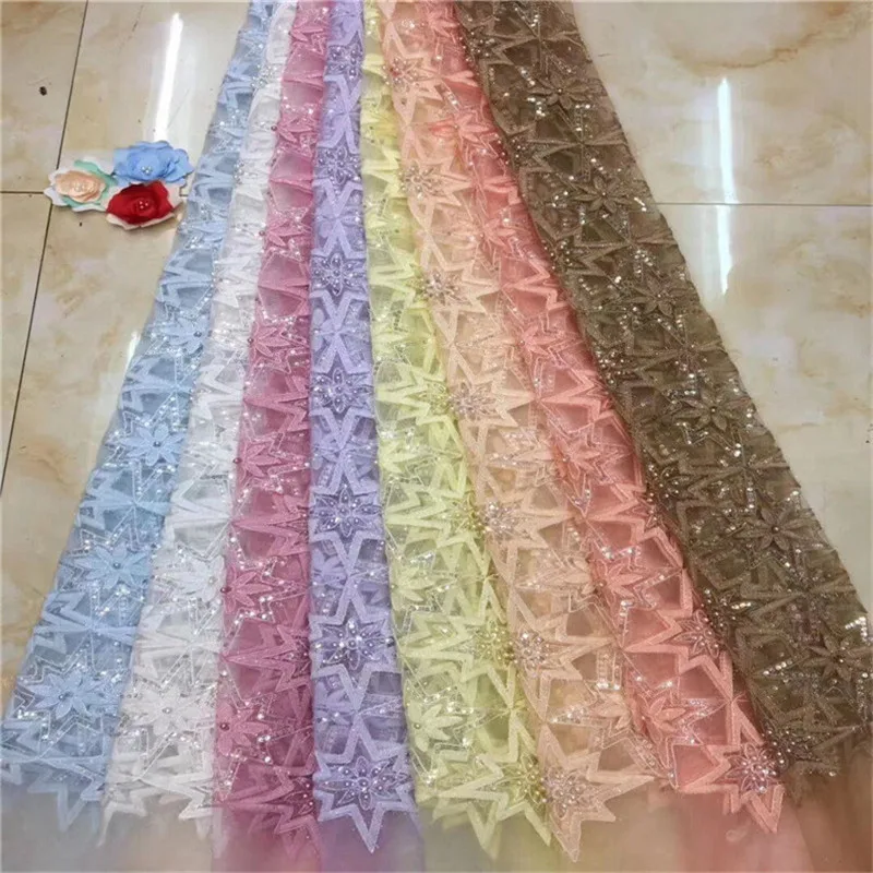 Новейшие бусины с блестками французские кружевные ткани 2019 розовое золото