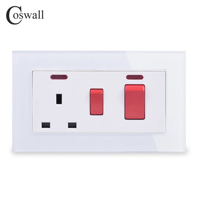 Фото Настенный переключатель COSWALL 45A DP + розетка стандарта Великобритании 13A BS с неоновым закаленным стеклом 3x6 размеров, черная панель из закален... №2