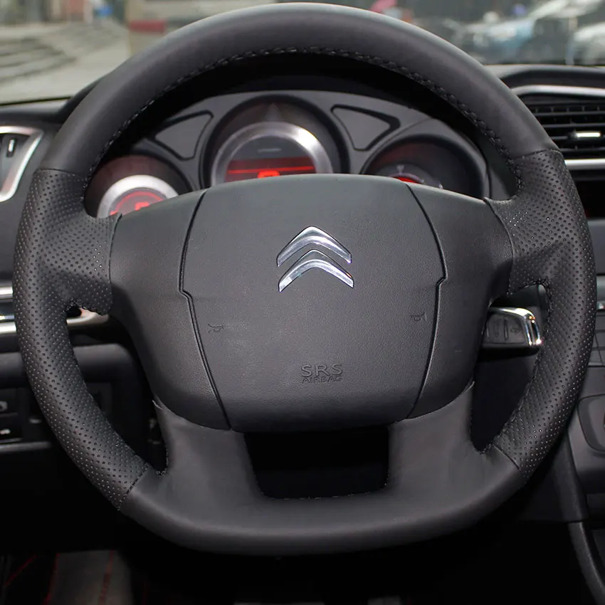 Wheel cover Black PONSNY Рулевое управление автомобиля/Шестерня/ручной тормоз натуральная кожа чехлы Чехол для Citroen C4 авто ручной сшитый черный чехол - Название цвета: Wheel cover Black
