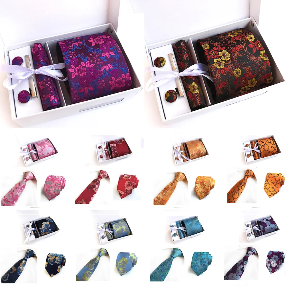 

Mens Colorful Floral Pocket Square Wide Necktie Cufflinks Tie Clip Set With Box BWTHZ0344