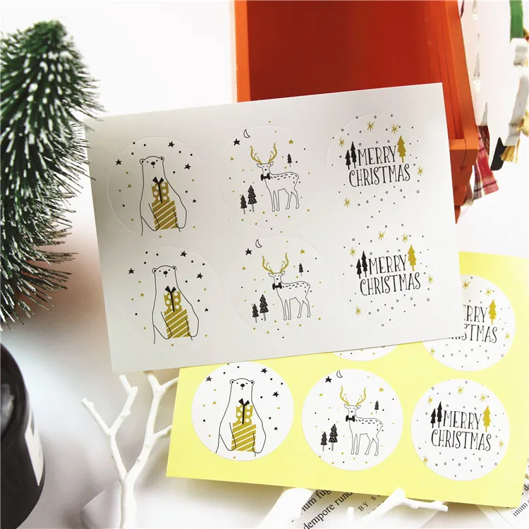 

60Pcs 10Sheets Round Merry Christmas Golden Bear Deer Packaging Sealing Label Kraft Sticker Baking DIY Gift Stickers