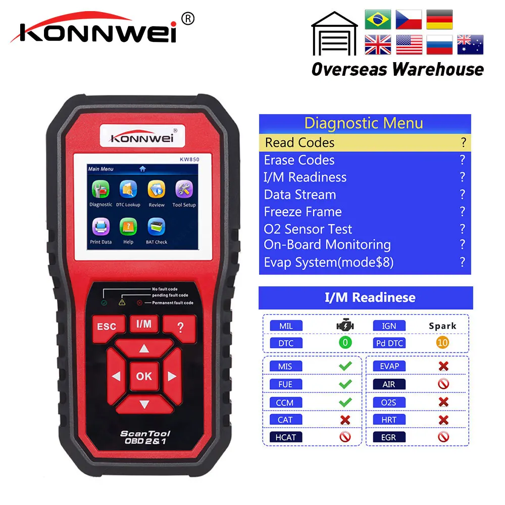 KONNWEI KW850 полная функция OBD2 многоязычный автоматический диагностический инструмент OBD II считыватель кода неисправности двигателя как AL519 NT301 Автомобильный сканер