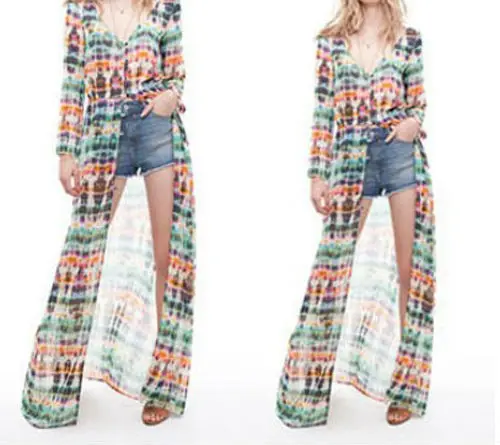 Free Shipping Women Ladies Multi Color Dip Dye Shirred Waist Chiffon Long Cardigan Sleeve Blouse Dress Drop shipping W518|dress design your own|dress