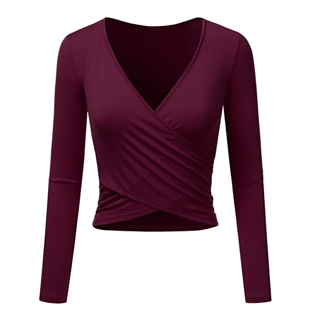 Летние повседневные топы женские с длинным рукавом крест-накрест wrap slim fit