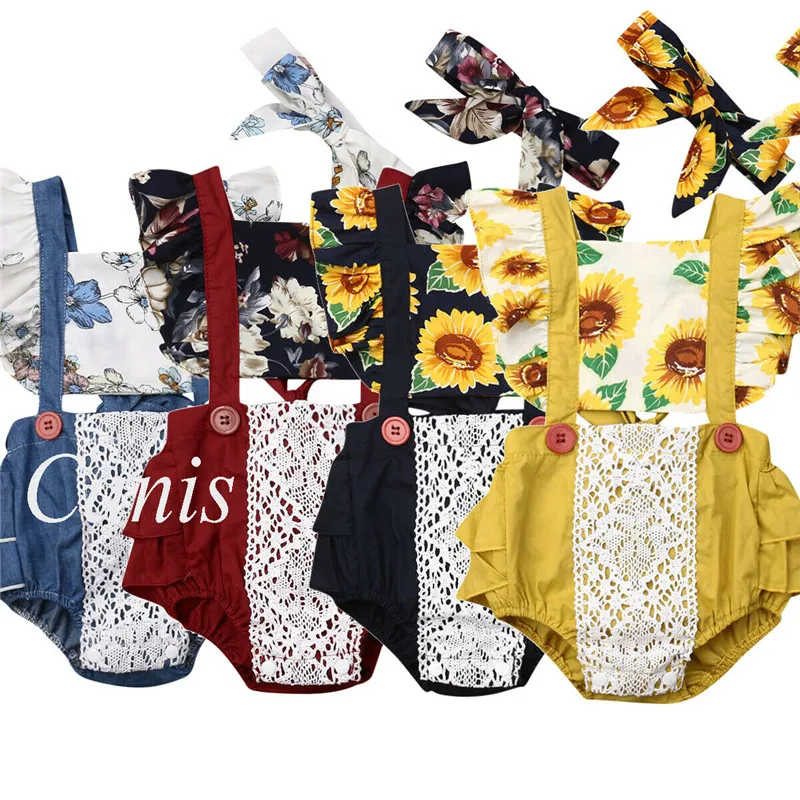 Комбинезон с принтом подсолнуха для маленьких девочек + повязка на голову летний