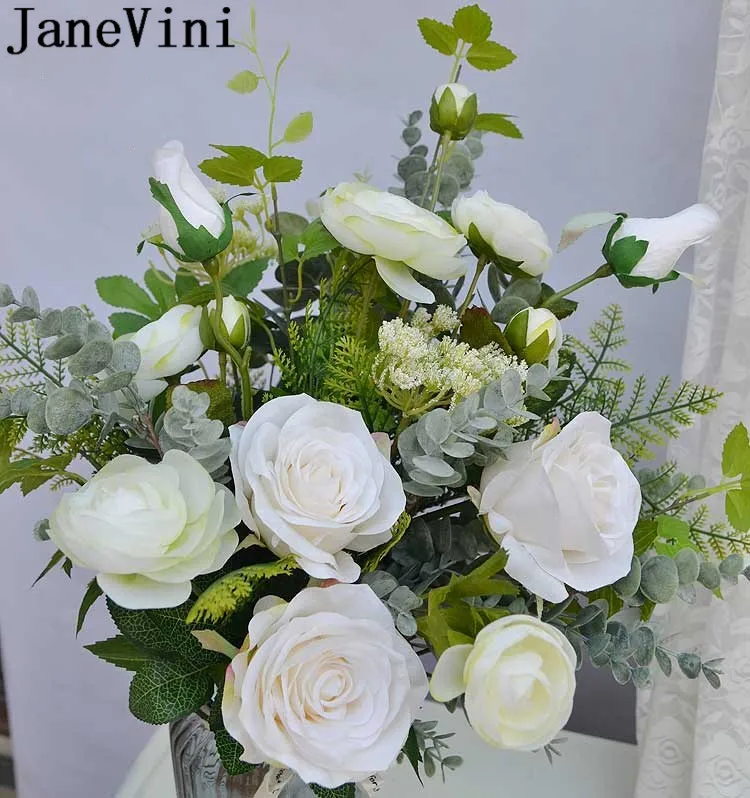 JaneVini Artificial White Flower Wedding Bouquet Bridesmaid Brooch for a Bride Silk Green Leaves Bridal Flowers Bukiet | Свадьбы и