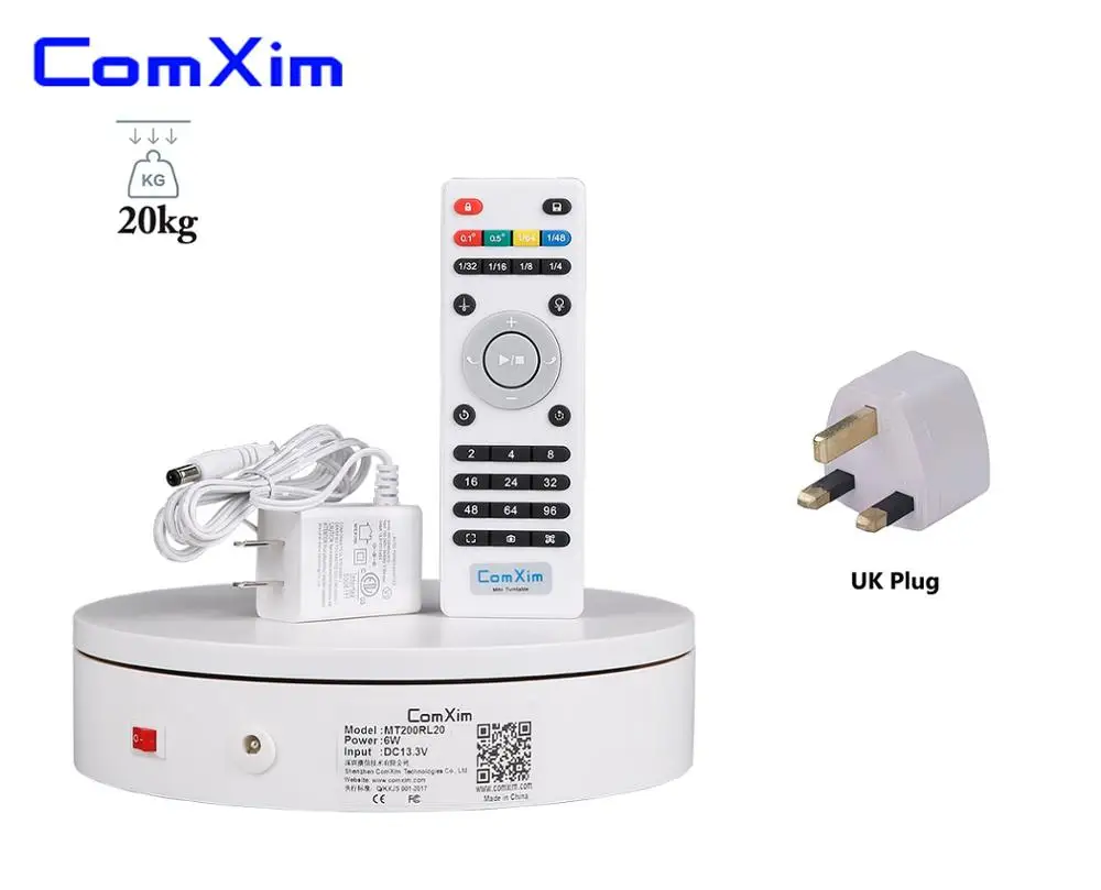 ComXim MT200RL20 20 см 7.87in пульт дистанционного управления, направление скорости 360 °, Электрический вращающийся стол для фотографий, для отображения 3D сканирования - Цвет: White with UK plug