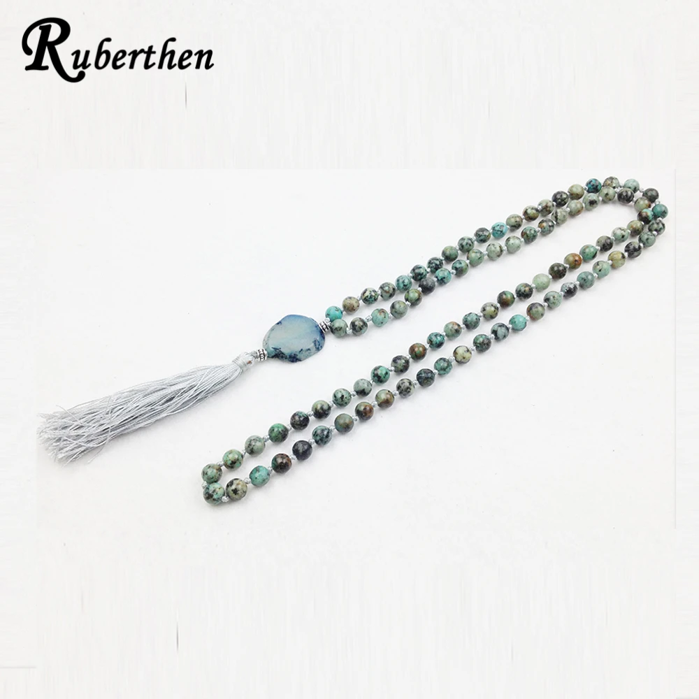 Ruberthen High Quality Knotted Necklace 38 inch Natural Stone Charms Women`s Mala Trendy African Tuquoise | Украшения и