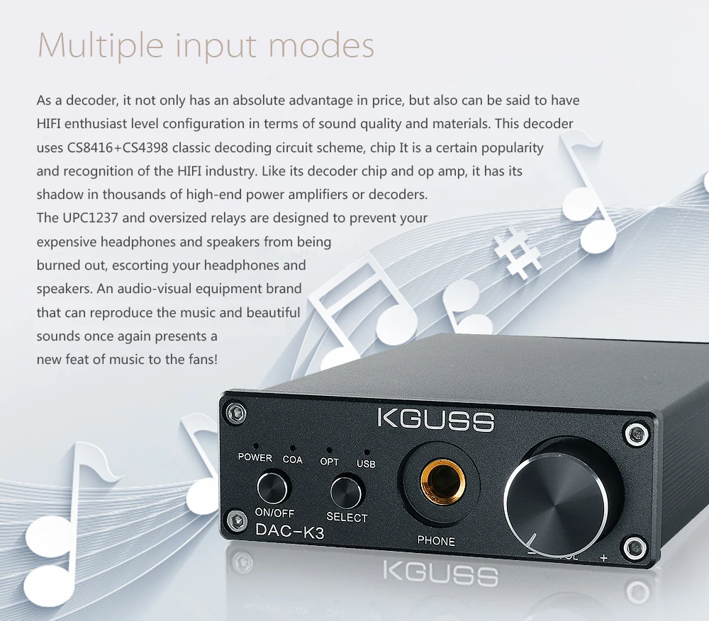 KGUSS DAC-K3 мини HiFi 2,0 цифровой аудио декодер DAC вход USB/коаксиальный/оптический выход RCA/усилитель для наушников 24 бит/96 кГц DC12V