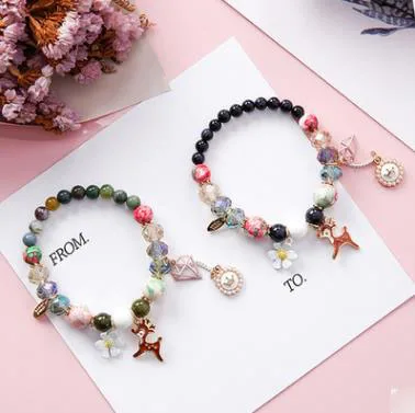 Bohemian style small fresh flower powder crystal stone fawn pearl crown creative beaded bracelet | Украшения и аксессуары