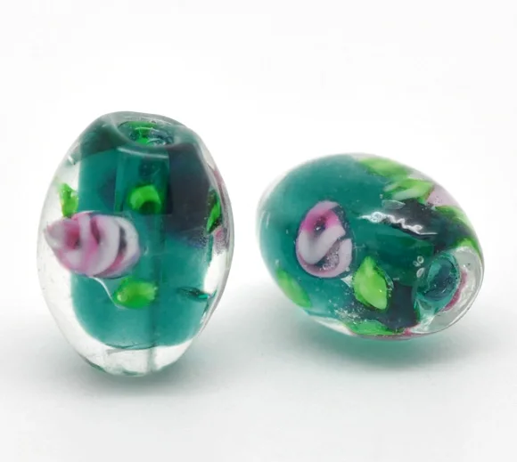 Стеклянные бусины DoreenBeads Зеленый Малахит окрашенный цветочный узор около 14 мм (4/8