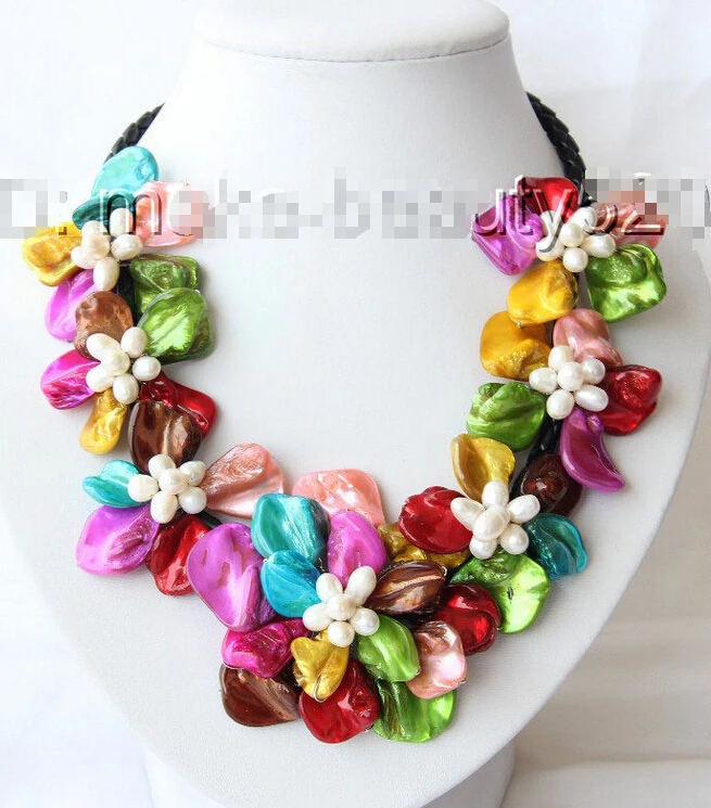 

FREE SHIPPING classic white baroque pearl multicolor shell flower leather necklace s2337^^^@^Noble style Natural Fine jewe &