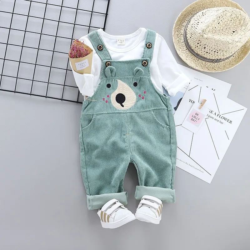 JH mazi bear Green Демисезонный для мальчиков и девочек хлопковый костюм детский мультяшный медведь пояс для футболки брюки 2 шт./компл. комплекты детской одежды спортивный костюм для маленьких детей - Цвет: JH mazi bear Green