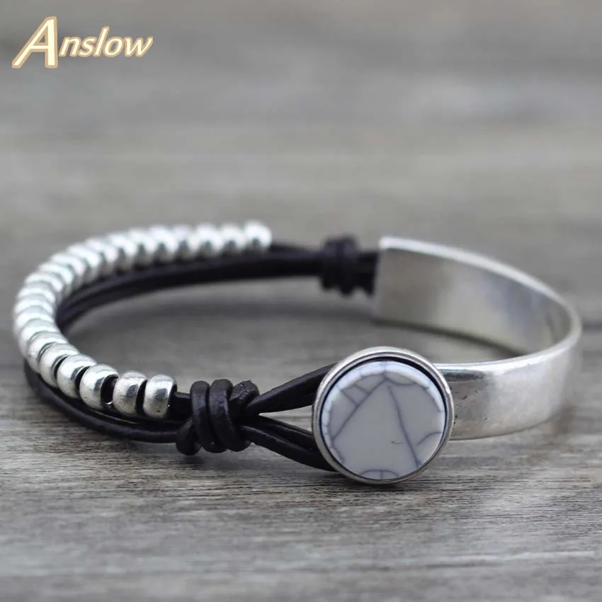 Anslow бренд ручной работы DIY кожаный браслет с бусинами для мужчин Pulseiras мужской браслет оснастки браслет ювелирные изделия подарок LOW0524LB