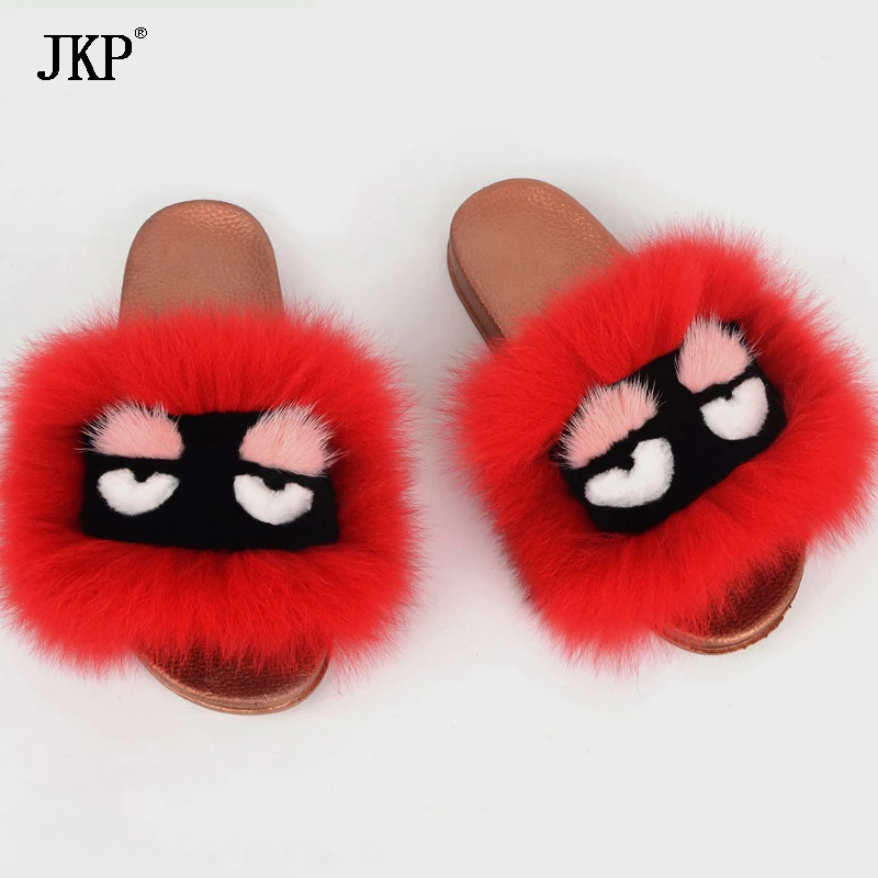 JKP autumn and winter 2018 new wild fur slippers real natural fox home shoes summer travel monster |
