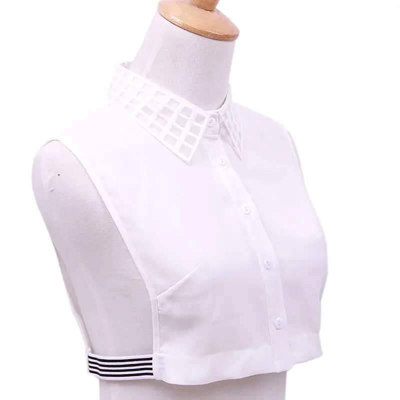 Женская блузка с искусственным воротником белая шифоновая в клетку со съемным