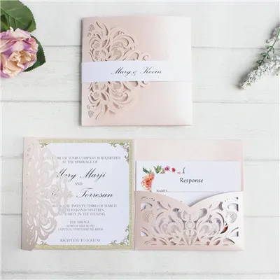 soft pink Мягкие розовые свадебные пригласительные карты, лазерные карманные свадебные приглашения на свадьбу, печать на заказ, вставка для живота, RSVP - Цвет: soft pink