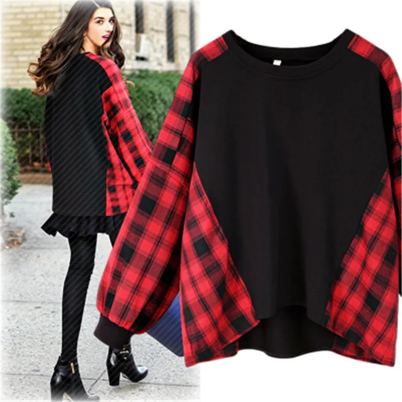 Осень зима 2018 женская футболка в клетку с длинным рукавом европейском и