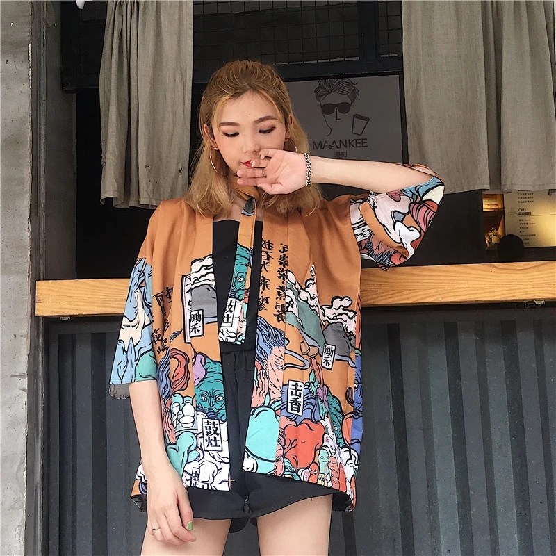 Yukata женский кимоно кардиган рубашка harajuku kawaii стиль кимоно Женская блузка obi haori Японская уличная одежда DZ004