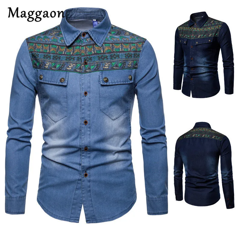 Мужская джинсовая рубашка повседневная приталенная с длинным рукавом большие