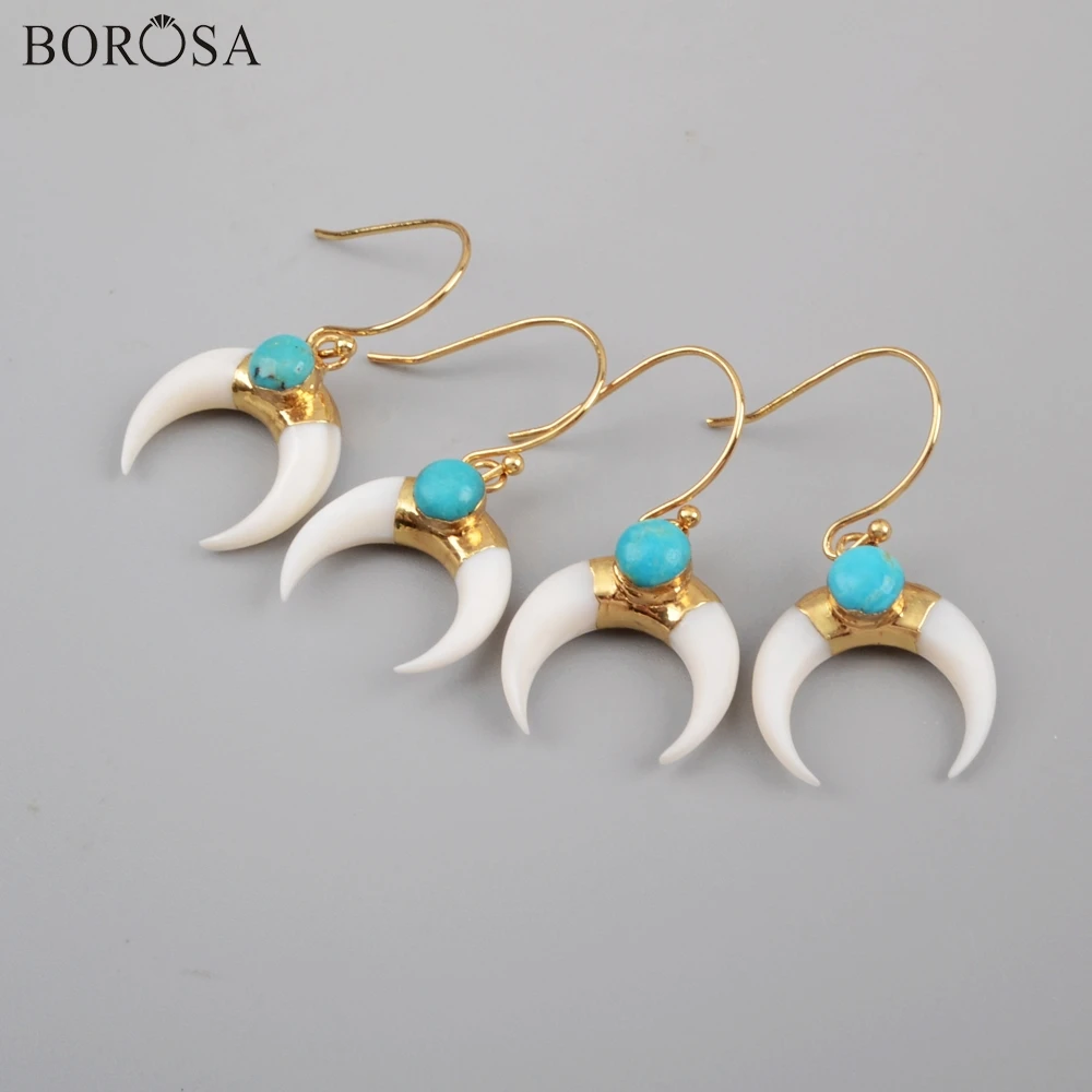 BOROSA 5 пар Золотой Гальванизированный белый корпус& Круглый натуральная бирюза серьги рога Howlites оболочки свисающие женские серьги G1835